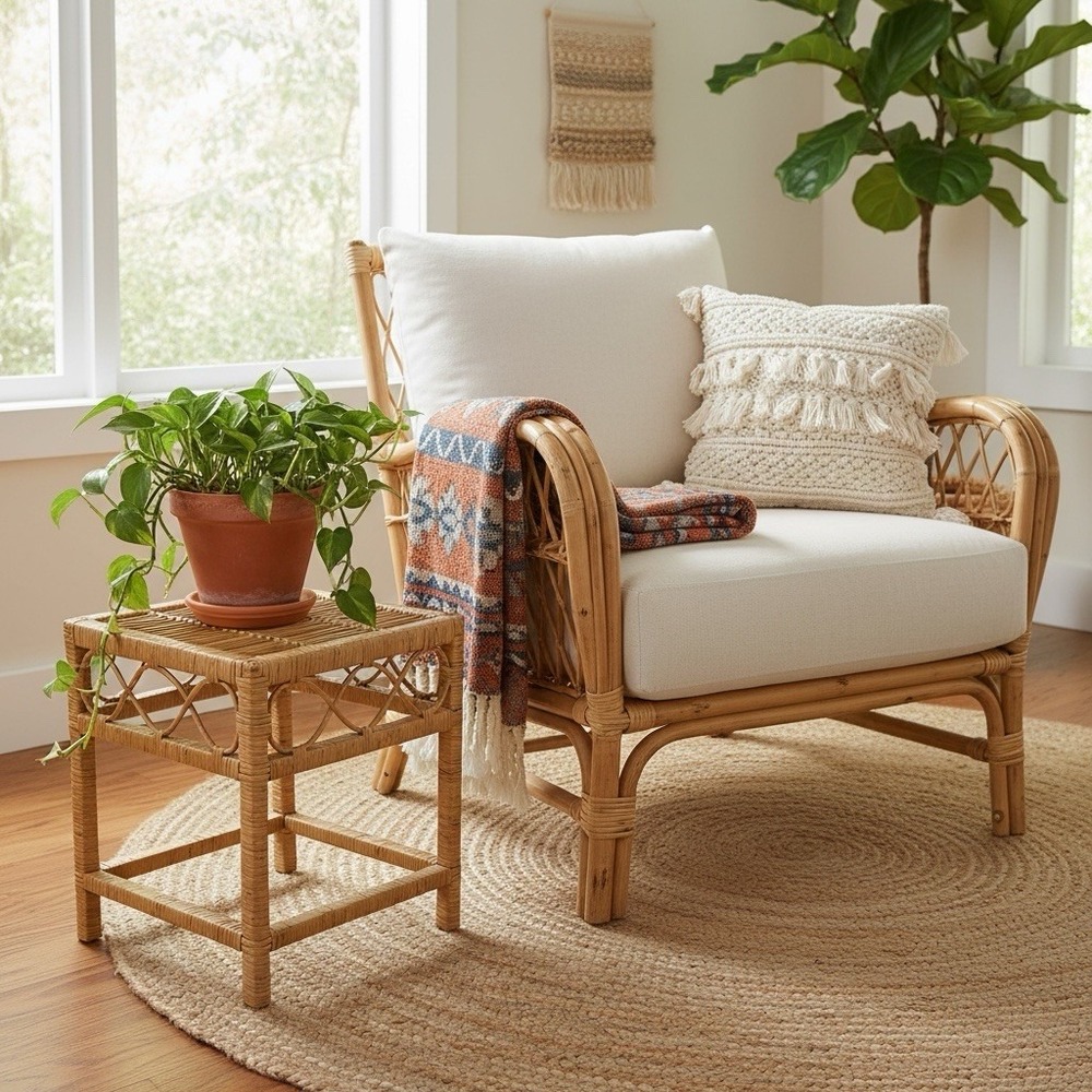 VTG Natural Wicker Rattan MCM Woven Plant Stand Nightstand Side End Table EUC